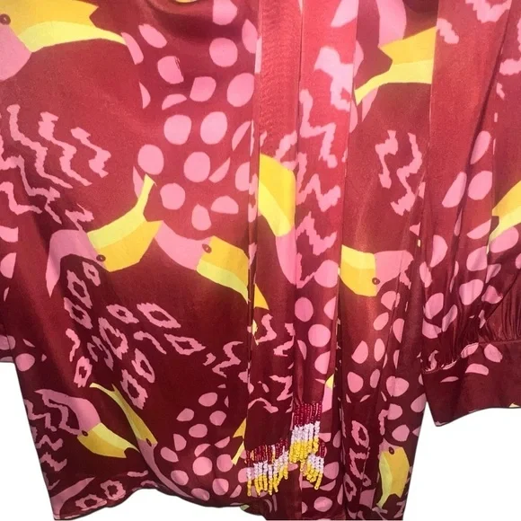 EUC FARM Rio Toucanissimo Long Sleeve Print Wrap Dress Burgundy Small Beaded - Picture 4 of 8